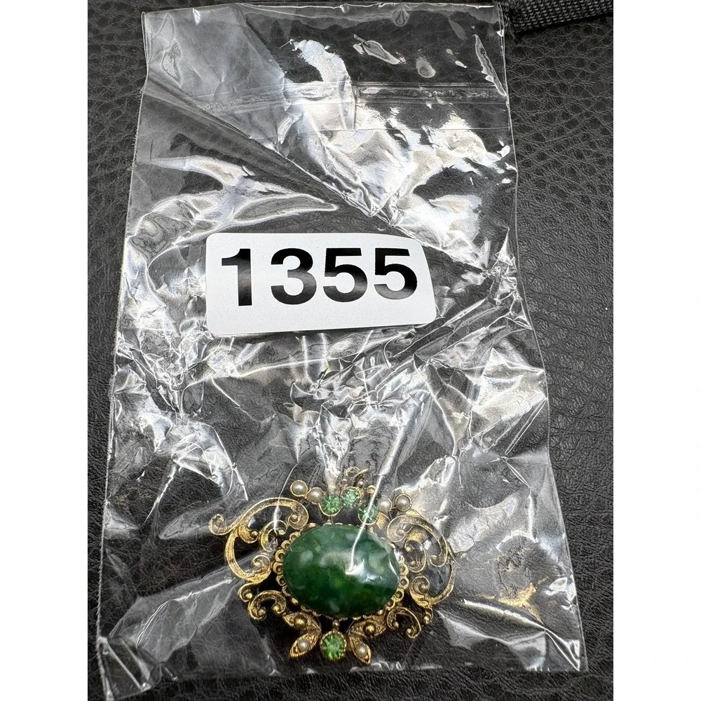 Vintage Marbled Green Cabochon Brooch Faux Pearl Rhinestone Dangle Charm